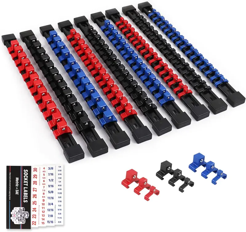 9-Piece Premium Socket Holder Organizer Set, 1/4-Inch x 48 Clips, 3/8-Inch x 45 Clips, 1/2-Inch x 36 Clips, Premium Quality Socket Clip Rail Holder