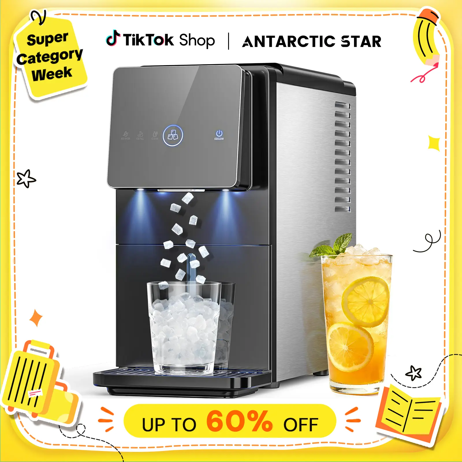 Antarctic Star Countertop Nugget Ice Maker, Self-Cleaning Portable Ice Machine, 33 lb/24H, 1.8L Water Tank, 1.5 lb Ice Storage, Touch Screen & Auto Ice Drop, for Home/Office/Kitchen,back to school,back to school haul