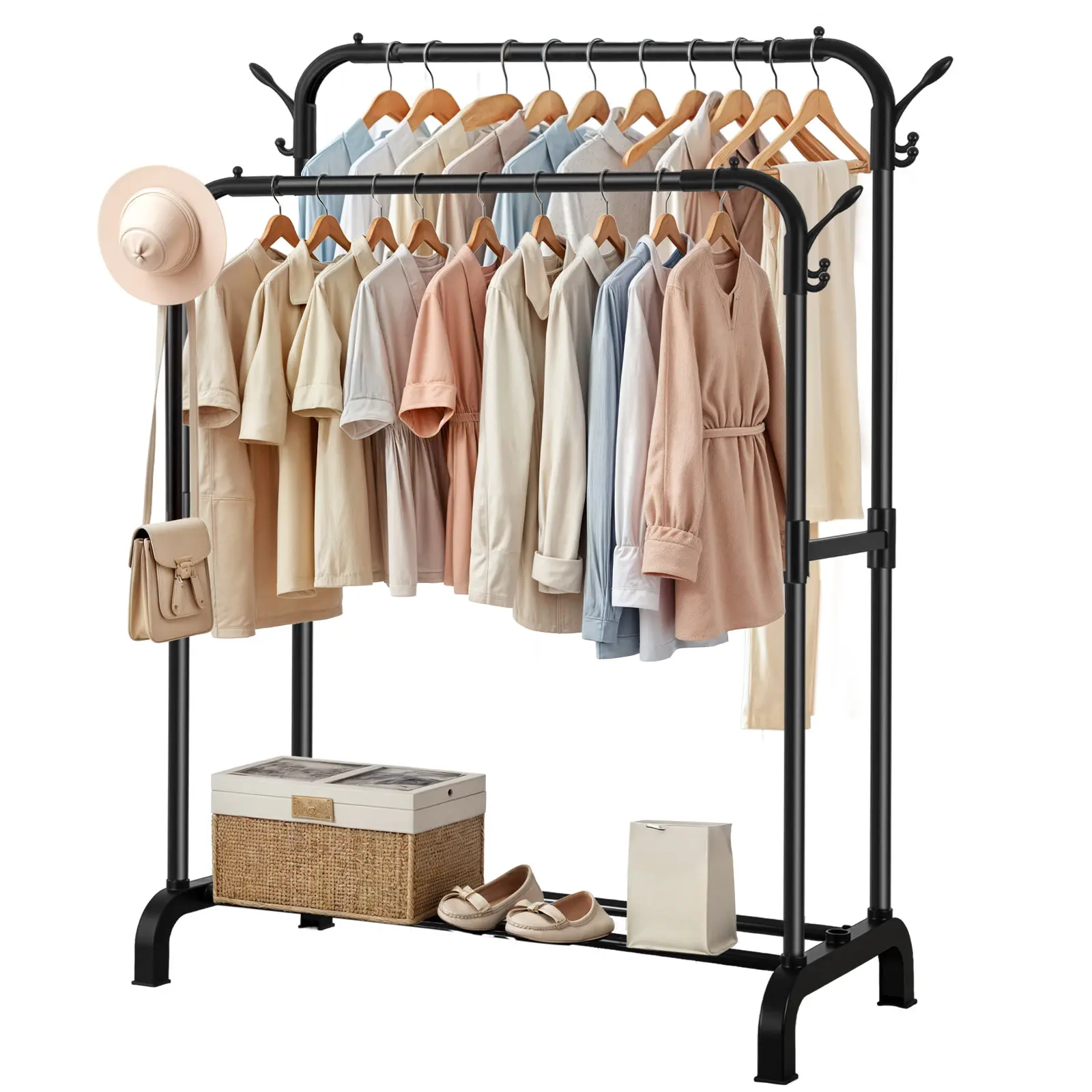 Double Rods Garment Rack with Wheels, Clothing Rack for Hanging Clothes 4 Hooks Multi-functional Bedroom Clothes Rack Black, Ideal for Organized Storage