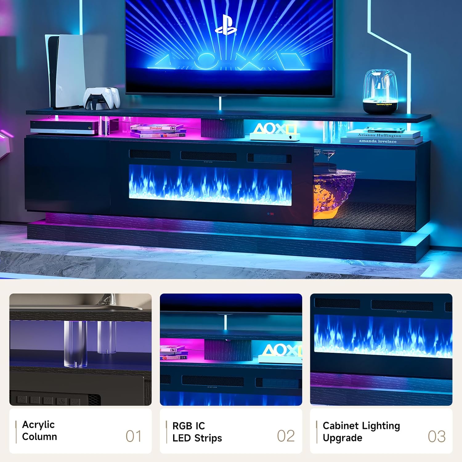 【2 Packages Shipping】oneinmil 70" Fireplace TV Stand, Modern Entertainment Center for TVs Up to 80”, TV Console with Storage Cabinets, Media Console for Living Room, White TV Stand and White Fireplace