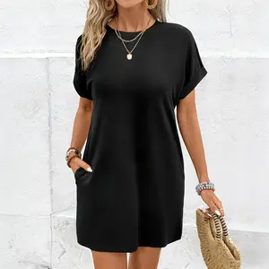 Solid Color Round Neck Short Sleeve Dress Loose Straight Pocket Casual Skirt