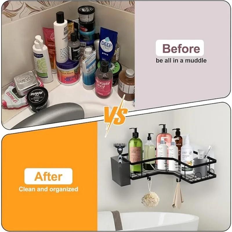 5-Pack Heavy-Duty Triangular Corner Shower Organizer Set, No-Drill Food-Grade Stainless Steel Bathroom Shelves with Hooks, 40LBS Wall-Mounted Soap Toothpaste Holder, Waterproof Rustproof Space-Saving for Bathroom, Kitchen