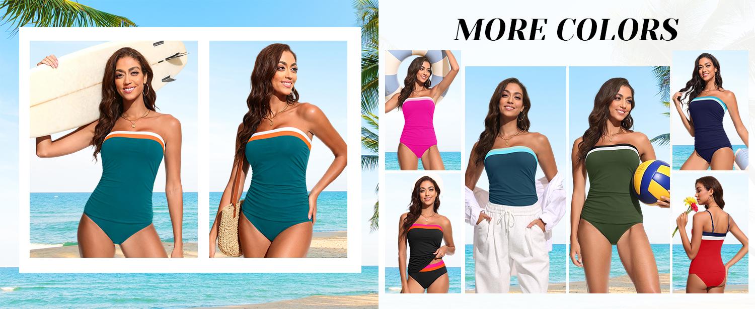 Daci Bandeau Tankini Swimsuits for Women - Two Piece Ruched Tummy Control Bathing Suit Strapless Swimwear with Bottom