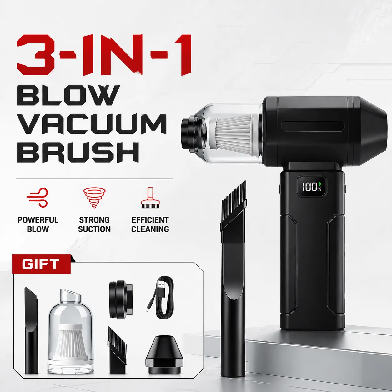 【Back to School】3-in-1 Rechargeable Cordless Electric Air Duster with Brush Attachment, Portable Car Vacuum & USB Vacuum for Electronics, Home Cleaning, Cars Accessories