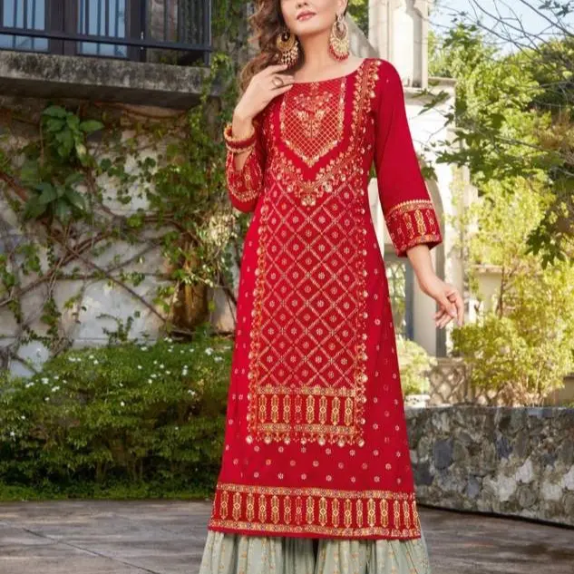Rayon Kurti with Sharara 2pcs Set size 42 with Foil Print and Embroidery Sequence Work kurt has suit