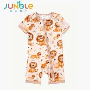 JUNBLEBABY Baby Bamboo Fiber One-Piece Dress Spring Summer Lion Pattern Short-Sleeved Short Pants Top Double Zipper Jacket for Comfort and Style