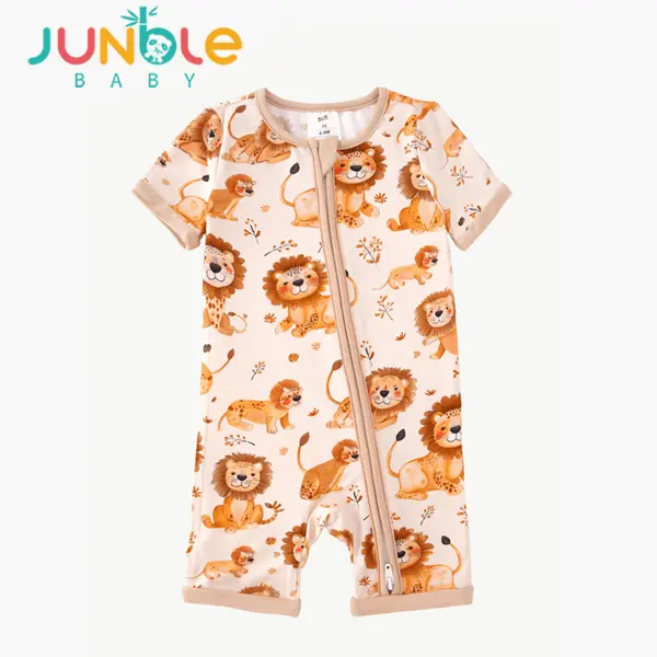 JUNBLEBABY Bamboo Unisex Onesie Bodysuit - Short Sleeve Safari Lion Animal Print, Double Zipper, Soft Breathable Infant Toddler Jumpsuit, Machine Washable, Fun Themed, Fun Themed Bodysuits, Wild Safari Look, Baby Ready, Cool Bamboo, Unisex Style Suits Boy