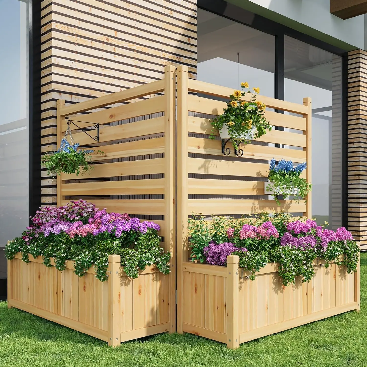 Gaomon Louvered Pergola Outdoor Privacy Screen - 2-Panel Design with 33"X40" Wooden Planter Box, Patio Decor Fence Cover for Garden, Backyard Divider for Hiding AC Units & Trash Cans
