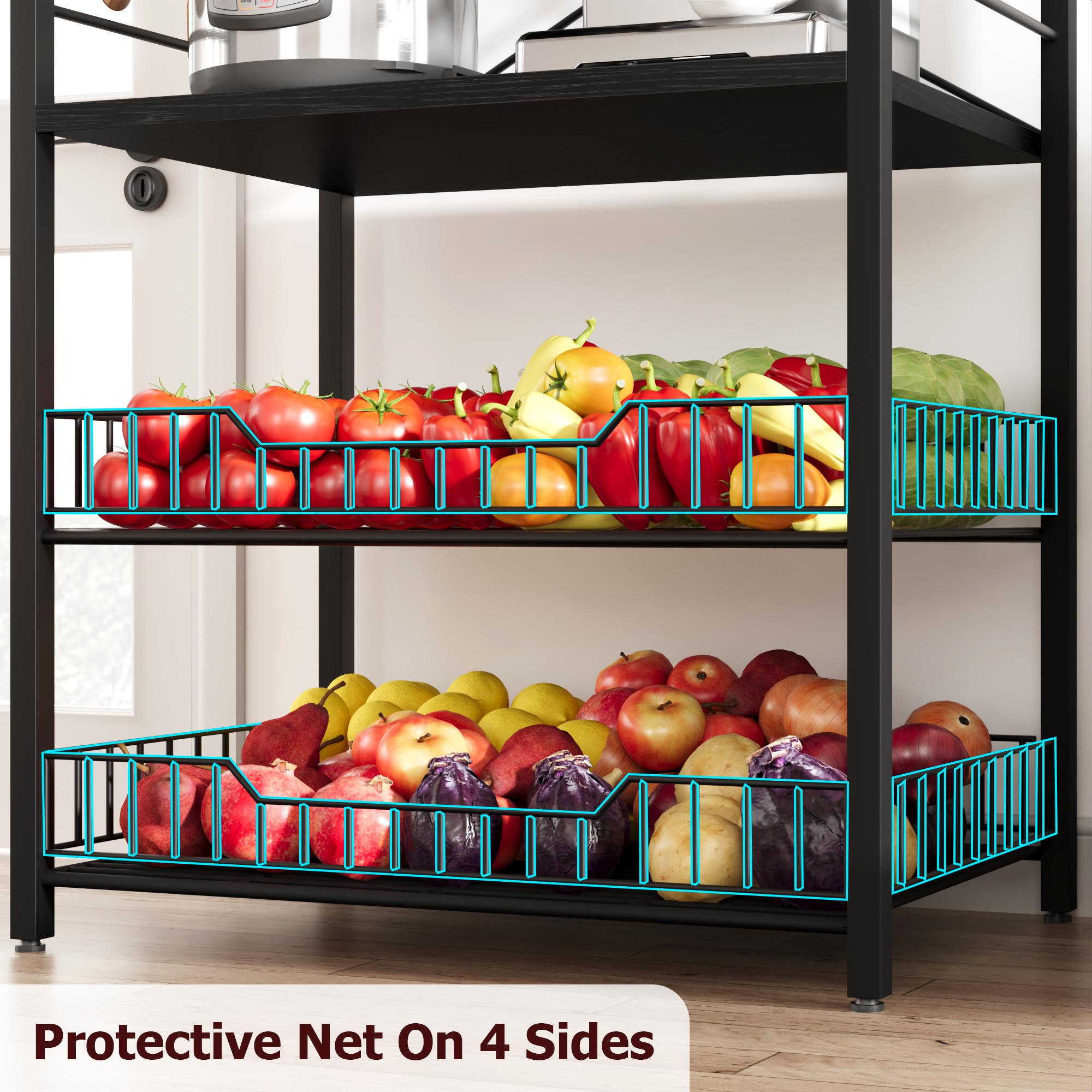 【GARVEE】5-Tier Kitchen Bakers Rack with 2 Large Wire Baskets, Industrial Microwave Oven Stand and Coffee Bar Station, Kitchen Utility Storage Shelf with 8 Hooks for Organizing Spices and Pots, Rustic Black