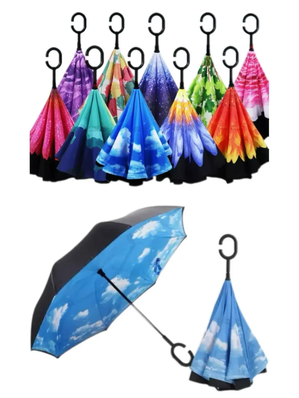 Random color Inverted Umbrella with C-Shape Handle, Double Layer Windproof, Multiple Colors and Patterns