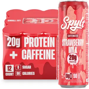 SPYLT High Protein Drink, Caffeinated Chocolate Milk - Strawberry Milk | Workout Recovery & Energy Boost | Sugar Free, Lactose Free | Ready-to-Drink, 12-Pack Beverage