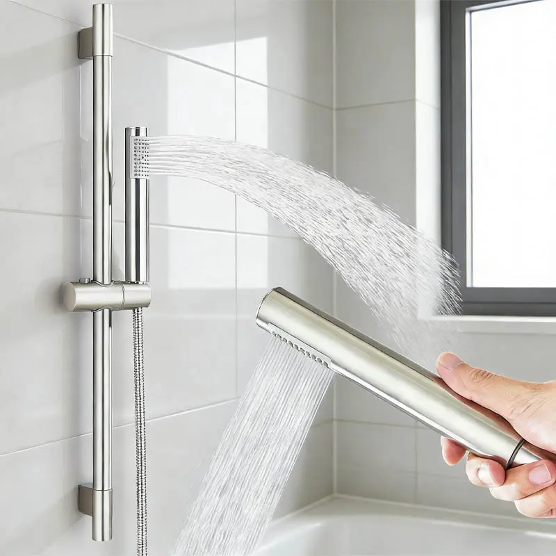Wall-Mount Durable Modern Water-Saving Shower System Combo - Solid Brass Handheld Shower Head, Stainless Steel Grab Bar, 59" Extra Hose, 1.8gpm Flow, Ceramic Valve Core, Safety-First Adjustable Slide Bar (Brushed Nickel/Brushed Gold Bathroom Fixture)