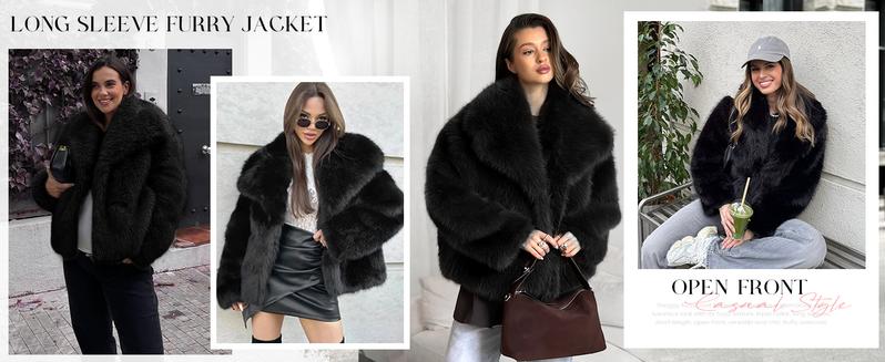 Faux Fur Jacket for Women Lapel Cropped Furry Coat 2026 Spring Fluffy Faux Fur Jacket Long Sleeve Winter Open Front Shaggy Parka Outerwear Casual Womenswear with Side Pockets-Cocktail Elegant Festival