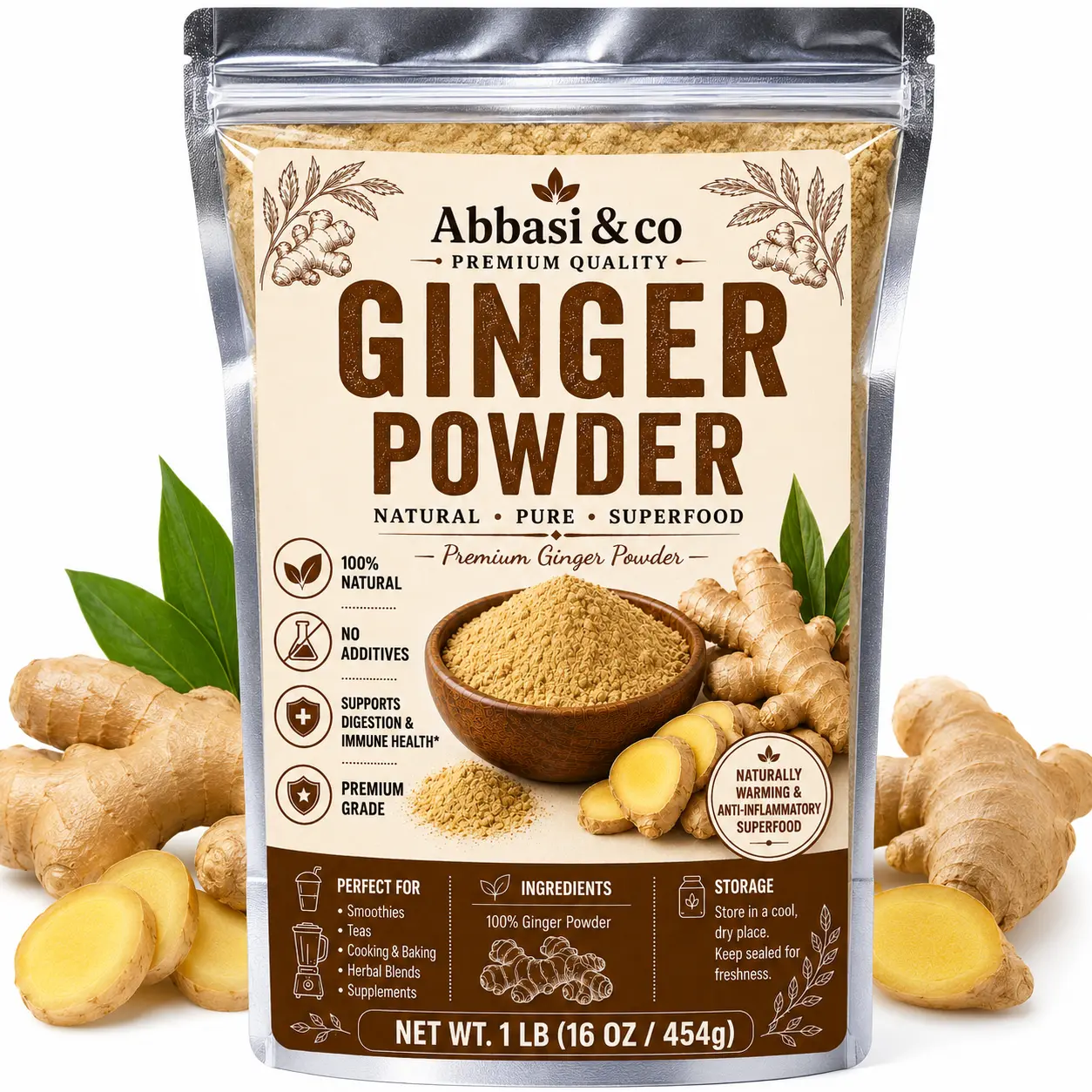 Premium Pure Ginger Powder - Neutral Herbal Spice & Seasoning with Rich Flavor, Additive-Free, Non-GMO - Resealable Pouch Staple for Cooking, Baking