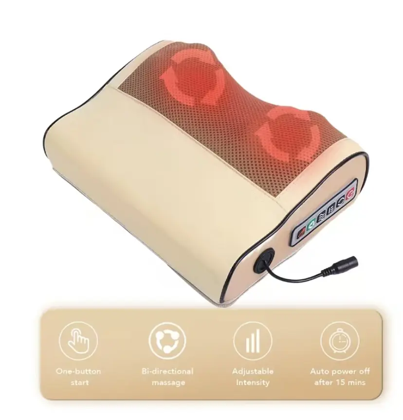 Electric nape massage pillow, deep tissue massager with shiatsu, double head, hyperthermia, portable ergonomic design, pain relief, ideal gift choice.
