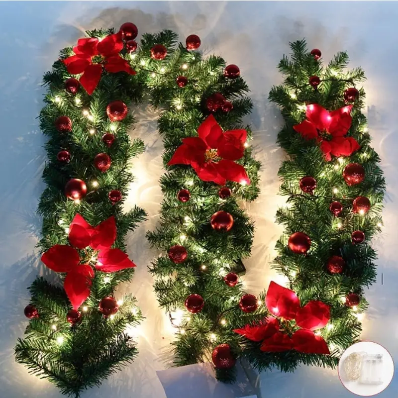 1 artificial Christmas garland light, green vines with red flowers indoor decorative lights, battery-powered LED lights, Christmas atmosphere lights, Holiday Decor, suitable for home stairs, fireplaces, front porch doors, Christmas decoration