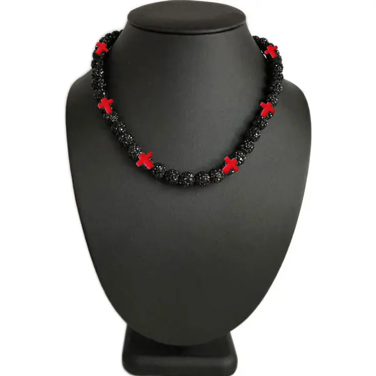 Iced Bling Disco Ball Rhinestone Bead Baseball Necklace Prayer Cross Collection Black Red