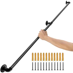 VEVOR Pipe Stair Handrail,  , 5FT Staircase Handrail, 440LBS Load Capacity Carbon Steel Pipe Handrail, Industrial Pipe Handrail with Wall Mount Support, Round Corner Wall Handrailings for Indoor, Outdoor