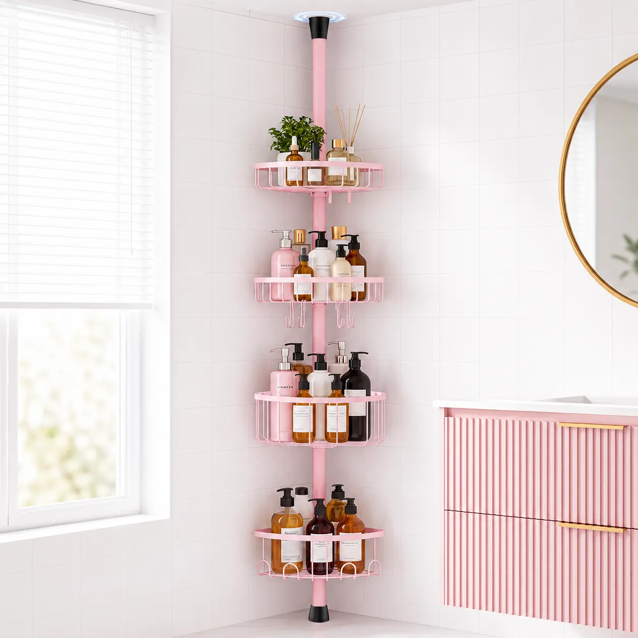 Pink 4-Tier Adjustable Corner Shower Caddy – Rustproof Stainless Steel Bathroom Organizer, No-Drill Tension Pole 47–121" with High Load-Bearing Capacity Shelves & Hooks for Shampoo, Loofah, Towels Rod Floor Standing Bath Rack