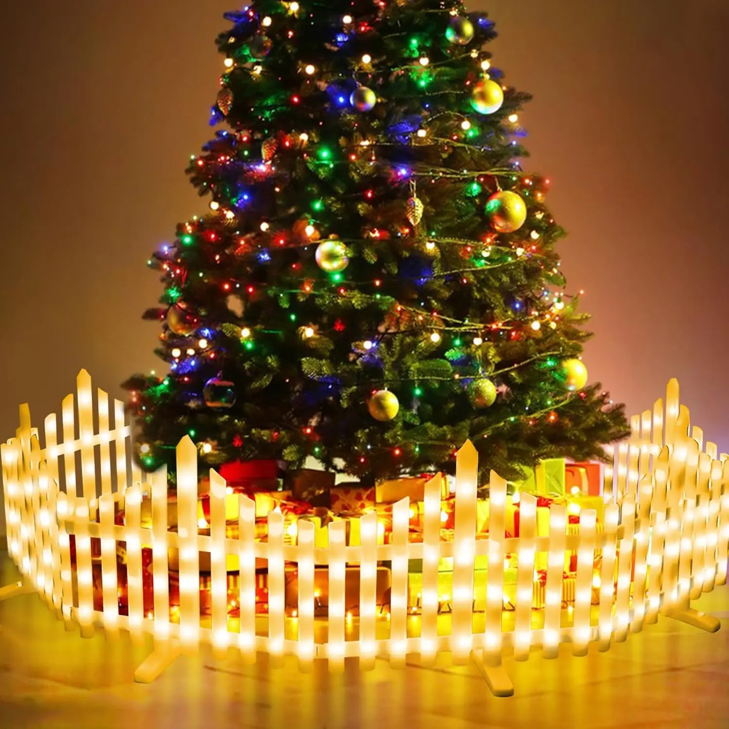 Christmas Tree Fence Light - Christmas Decorations Lights 8 Pack Picket Fence for Indoor Outdoor Christmas Decor, Plug-in 8 Modes Decorative Light for for Landscape Patio Yard Path Xmas Decor