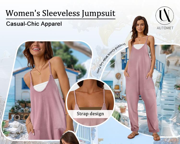 AUTOMET Fade Craft  Loose Jumpsuits-Acid Wash Women’s V Neck Sleeveless One Piece Loose Fit overalls Spaghetti Strap Harem Long Pants with Pockets