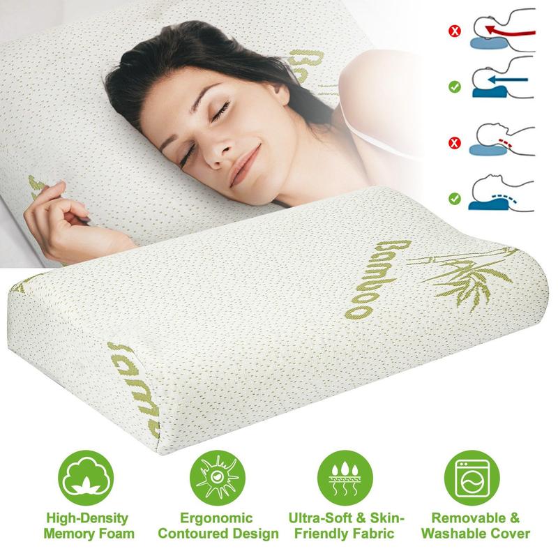 Bamboo Memory Foam Sleep Pillow - Contoured Cervical Orthopedic Pillow with Neck Support & Breathable Cover, Ergonomic Design for Side, Back, Stomach Sleepers & Pain Relief