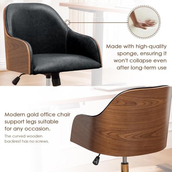 Genuine Leather Office Desk Chair, Adjustable Height Small Modern Comfortable Walnut Vanity Chair, Gold Legs Mid Back 360 Swivel for Home Office, Bedroom, Study, Meeting Room