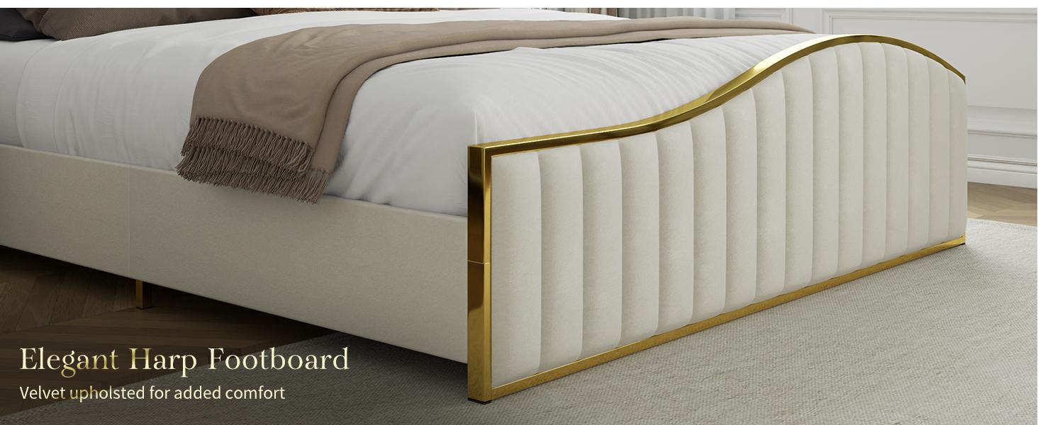 AMERLIFE Bed Frame with Golden Plating Trim, Velvet Upholstered Bed with Vertical Channel Headboard Footboard, No Box Spring Needed/Christmas Gift
