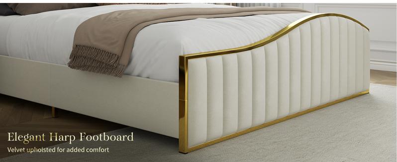 AMERLIFE Bed Frame with Golden Plating Trim, Velvet Upholstered Bed with Vertical Channel Headboard Footboard, No Box Spring Needed/Christmas Gift