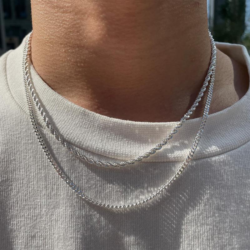 Tewiky Trendy 2Pcs 3mm Chain Necklace for Men - Layered Sterling Silver Cuban Link Rope Necklaces Set Simple Jewelry Gift 18-28 Inches Present Jewelry Tewiky Trendy 2Pcs 3mm Chain Necklace for Men - Layered Sterling Silver Cuban Link Rope Necklaces Set Simple Jewelry Gift 18-28 Inches Present Jewelry
