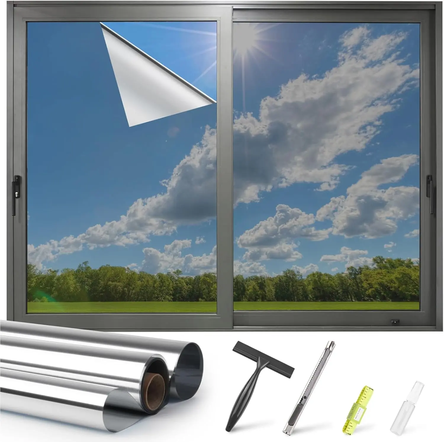 One Way Window Privacy Film Reflective Mirror Home Window Tint, Daytime Privacy Heat Control Anti UV Glass Tinting Static Cling (Silver, 17.5 x 78.7 inch)