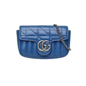 Pre-owned PRADA GG Marmont Shoulder Bag Ultra Mini 16.5 Blue Leather C Silver Clasp