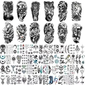 76 Sheets Large Black Temporary Tattoo Stickers, Forearm Design, Including Tribal Wolf, Tiger, Lion, Skull, Halloween Temporary Fake Tattoo Stickers, 12 Fake Tattoo Big Stickers for Arms, Chest and Shoulders for Men or Women, 64 Tiny Black Tattoo Stickers
