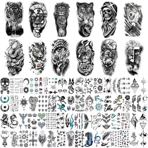 76 Sheets Large Black Temporary Tattoo Stickers, Forearm Design, Including Tribal Wolf, Tiger, Lion, Skull, Halloween Temporary Fake Tattoo Stickers, 12 Fake Tattoo Big Stickers for Arms, Chest and Shoulders for Men or Women, 64 Tiny Black Tattoo Stickers