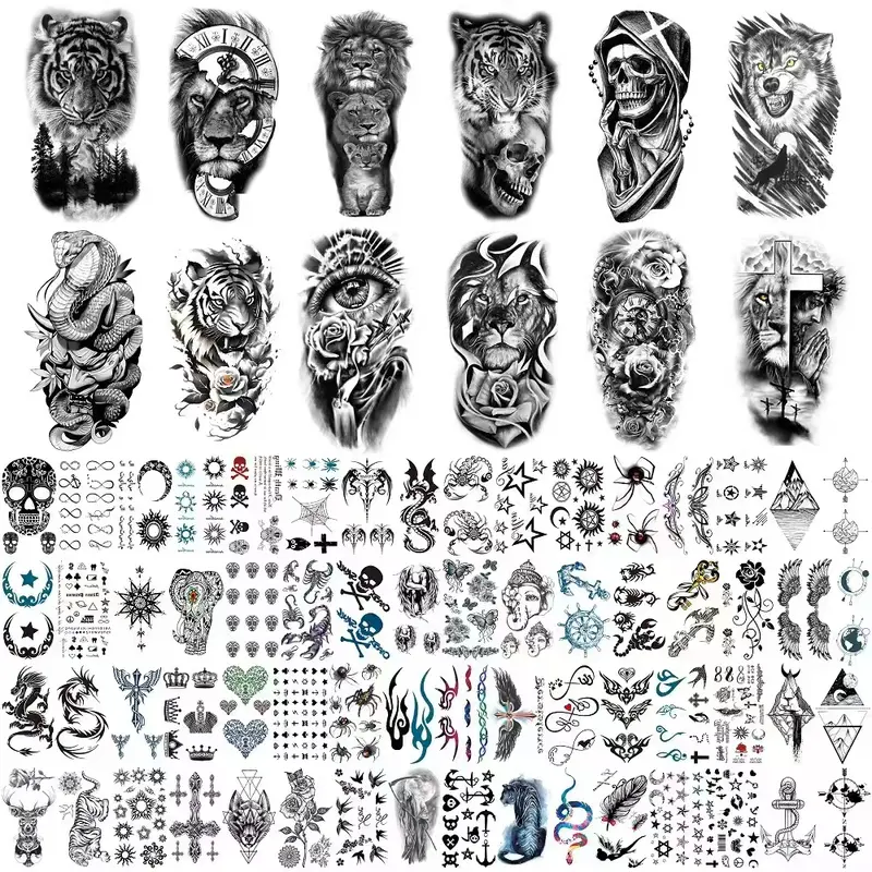 76 Sheets Large Black Temporary Tattoo Stickers, Forearm Design, Including Tribal Wolf, Tiger, Lion, Skull, Halloween Temporary Fake Tattoo Stickers, 12 Fake Tattoo Big Stickers for Arms, Chest and Shoulders for Men or Women, 64 Tiny Black Tattoo Stickers
