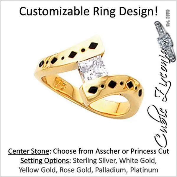 Cubic Zirconia Engagement Ring- The Ebony (Asscher or Princess Cut Solitaire Bypass with Black Epoxy Detailing)