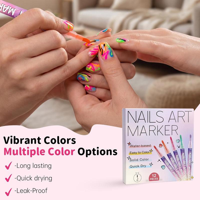 Quick-Dry & Gentle Nail Art Pens - 12 Color Set with 0.7mm Fine Tip, No Shake Formula for Smooth Lines & 3D Art, Smudge-Proof & Easy to Use for Beginners
