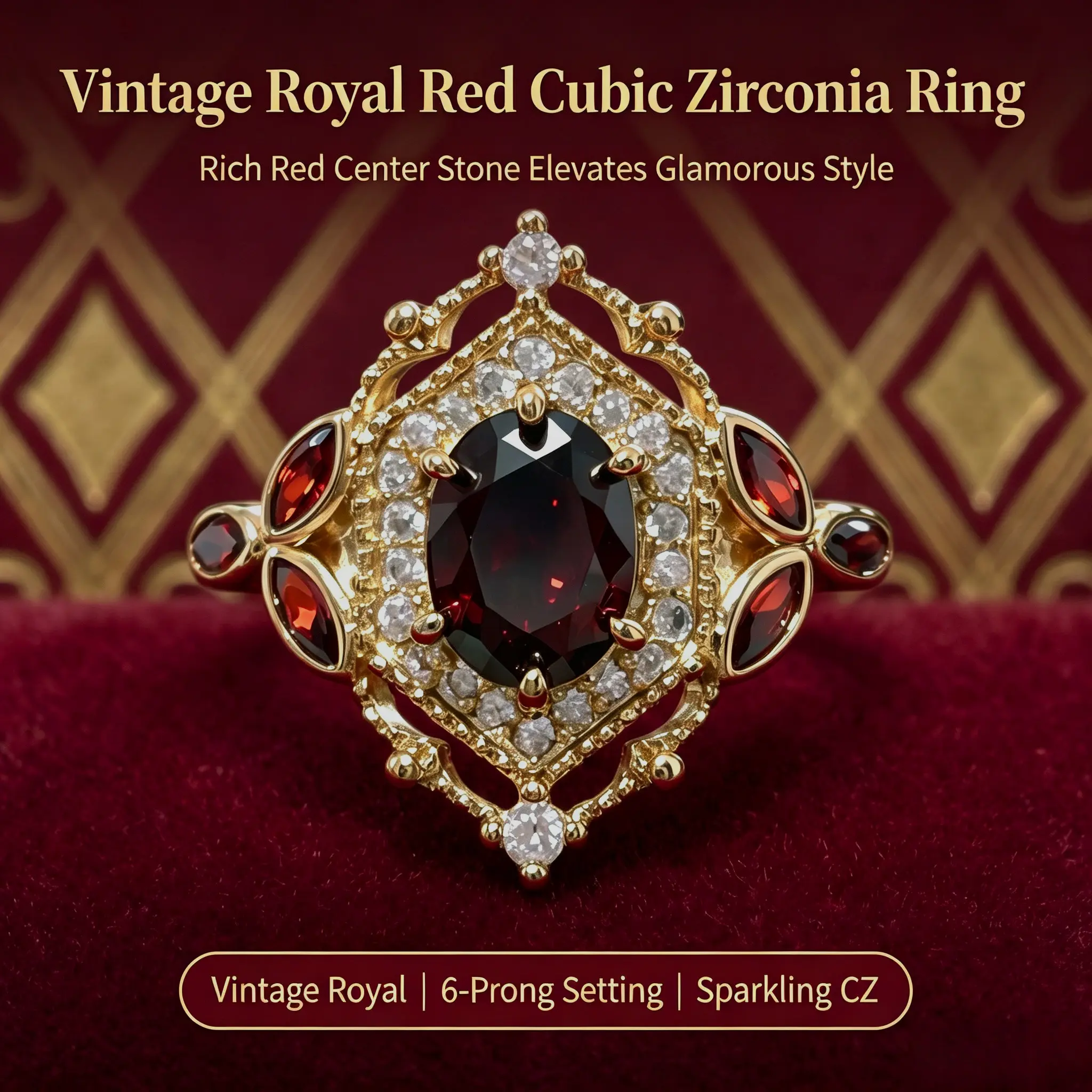 Women’s Vintage Victorian Openwork Hexagonal Geometric Ring - Rich Burgundy Oval Sparkling CZ Center Stone, Pavé Setting, Metal Coating, Lightly Luxurious for Dates, Everyday Wear