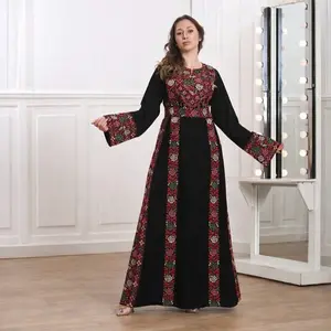 Thobe Embroidered Abaya Elegant with Stone Tatreez Colorful Floral Design Black Fabric for Women robe