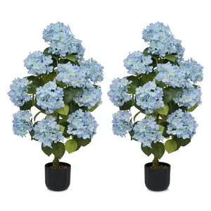 2 Pcs 3ft Artificial Hydrangea Flower Pot, Realistic Silk Hydrangea Flower Tree with Decorative Pebbles and Planter, Suitable for Home, Office, Patio, Porch, Indoor and Outdoor Decoration