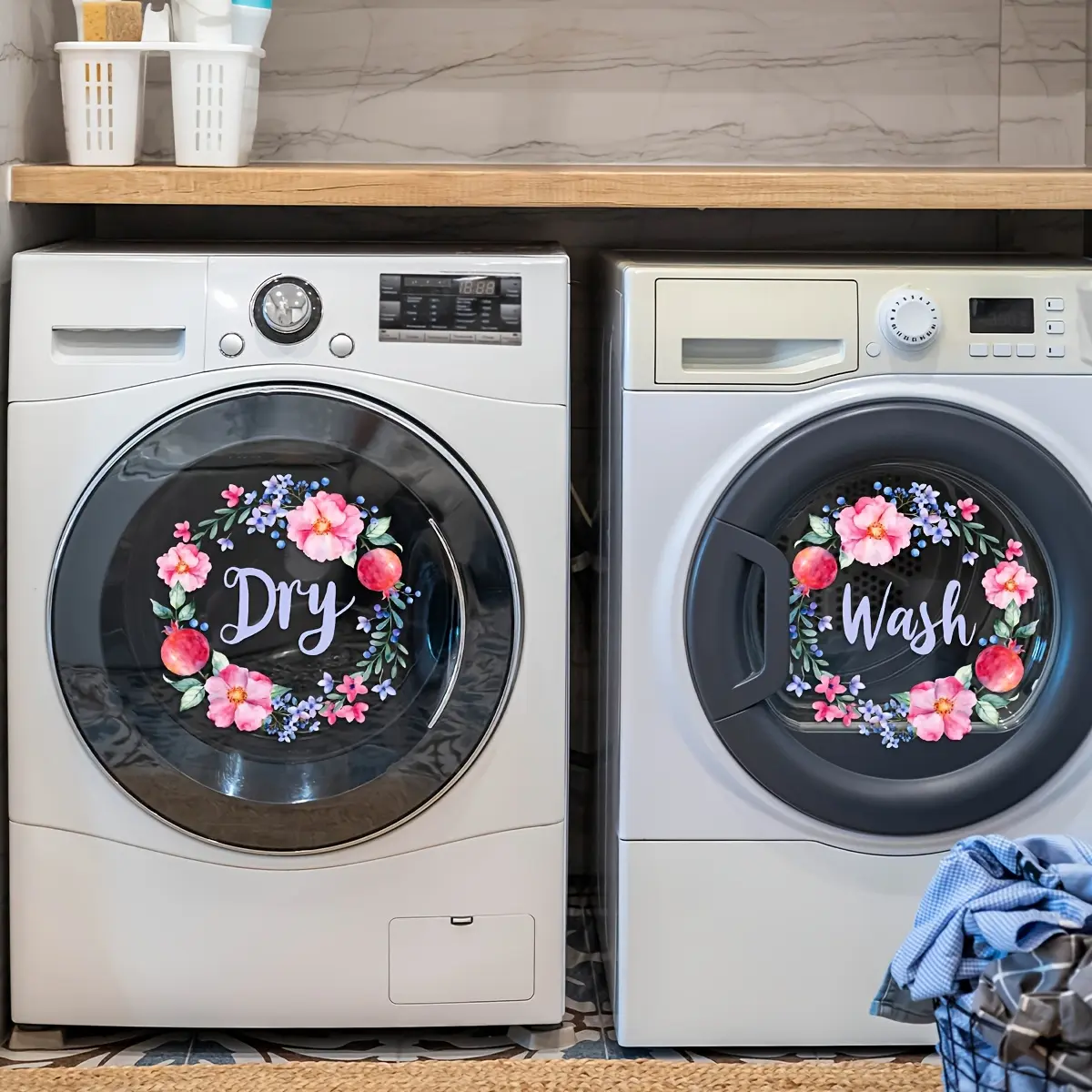 2pcs Floral Decorative Wash Dry Washer Dryer Decals Decorative Stickers PVC Peel and Stick Laundry Room Decor Refresh
