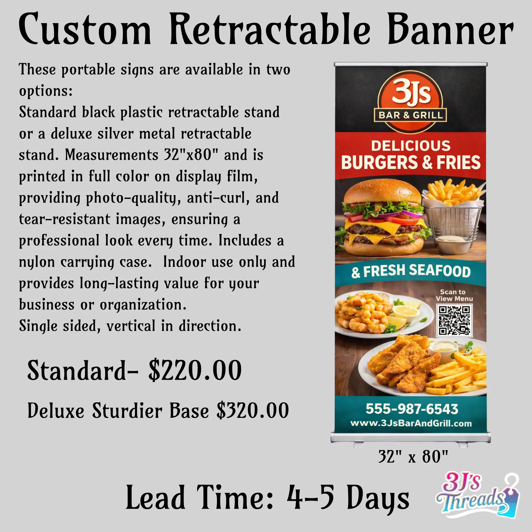 Custom Retractable Banner 32" x 80" Vinyl Display Film Events Tear-Resistant Full-Color Stand with Black Plastic or Silver Metal Options