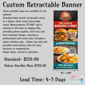 Custom Retractable Banner 32" x 80" Vinyl Display Film Events Tear-Resistant Full-Color Stand with Black Plastic or Silver Metal Options