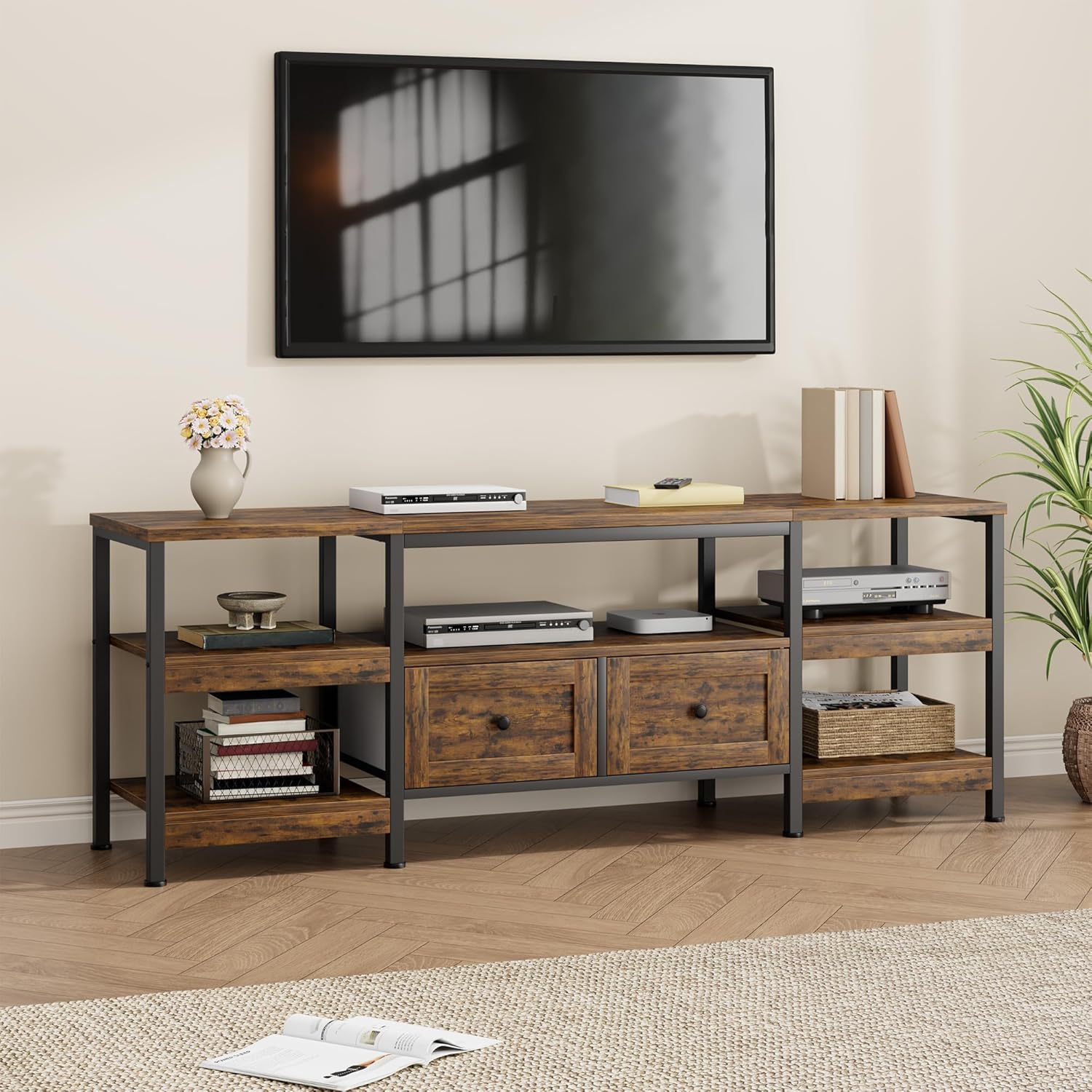 Industrial TV Stand with 2 Drawers, 63/71/79" Entertainment Center with Multi-Layer Storage Shelves, Media Console Fits TVs up to 65", Modern TV Cabinet for Living Room, Industrial TV Stand with 2 Drawers, 63/71/79" Entertainment Center with Multi-Layer Storage Shelves, Media Console Fits TVs up to 65", Modern TV Cabinet for Living Room,
