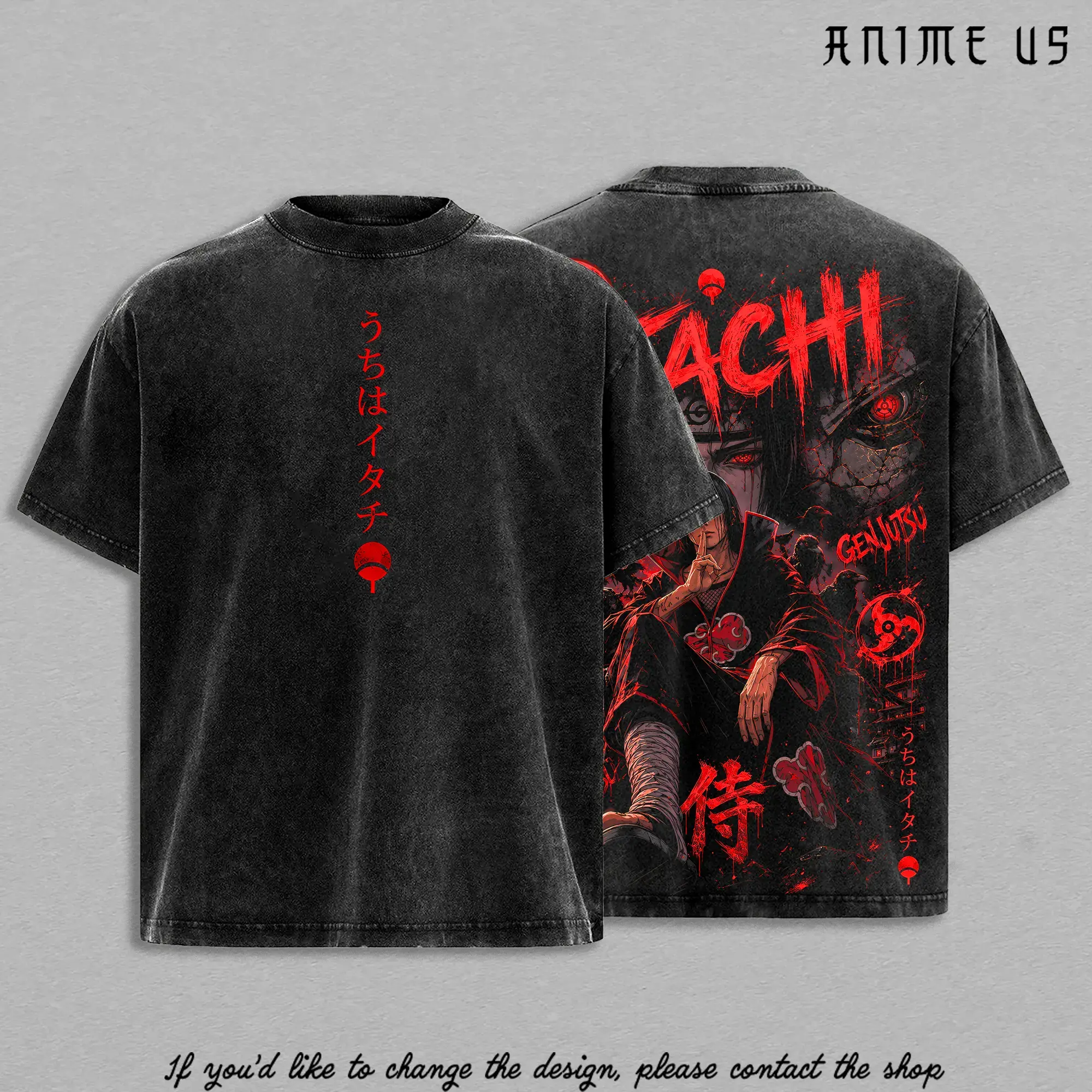 Menswear Unisex Uchiha Clan Red Eye Illusion Shinobi Vintage Washed Oversized Shortsleeve Graphic Tee - Dark Crow Warrior Heavy Cotton Anime-Inspired Streetwear Vibe Shirt