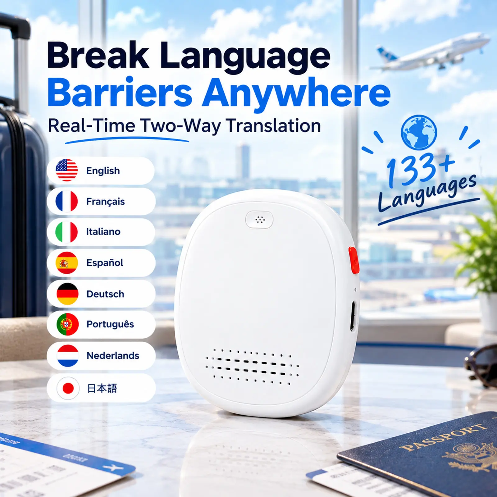 Portable Smart Wearable Translator Device, 133+ Languages, Real-Time Translation, Speaking Practice, Bluetooth Connectivity, Cable Charging Support
