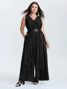 BLOOMCHIC Plus Size Textured Surplice Neck Wide Leg Jumpsuit [M-6X]2026 Summer Vibes