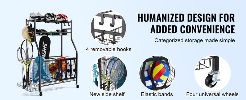 VEVOR Ball Sports Equipment  Garage Organizer, TikTokShopBlackFriday, Rolling Ball Storage Cart on Wheels, Basketball Rack with Baskets & Hooks, Indoor/Outdoor Sports Gear and Toys Storage, Steel Sports Equipment Organizer