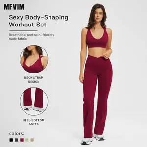 MFVIM Sporty Two-Piece Set Women's Plain Crop Cami Top & Flare Leg Pants Sports Set, Sporty Casual Comfy Breathable Two-Piece Outfits for Yoga Gym Workout Running Gym Workout Clothes