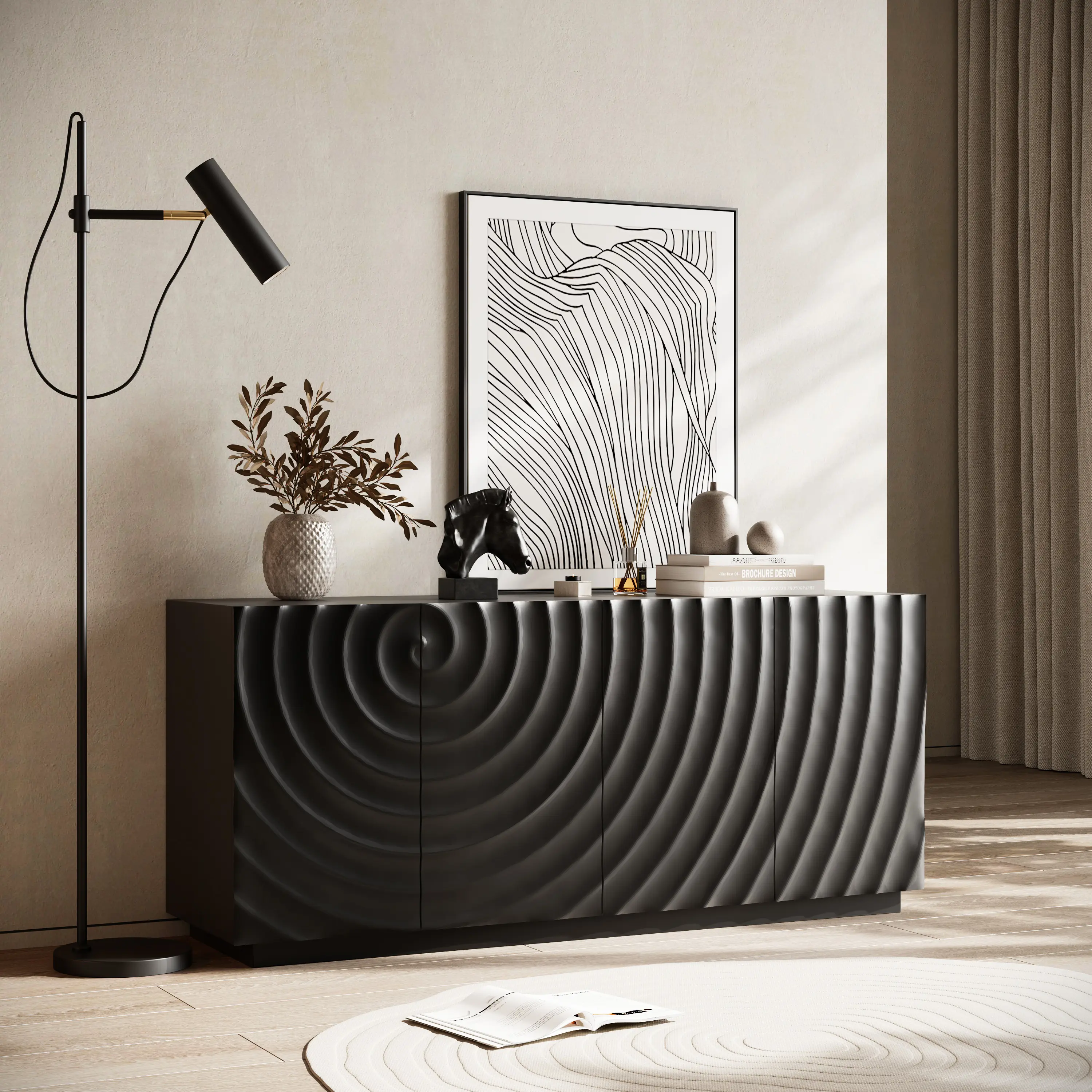 Modern Art Black Spiral Texture Curved Sideboard Accent Cabinet - Storage Buffet for Stylish Home Decor, Curved Sideboard Cabinet, Furniture